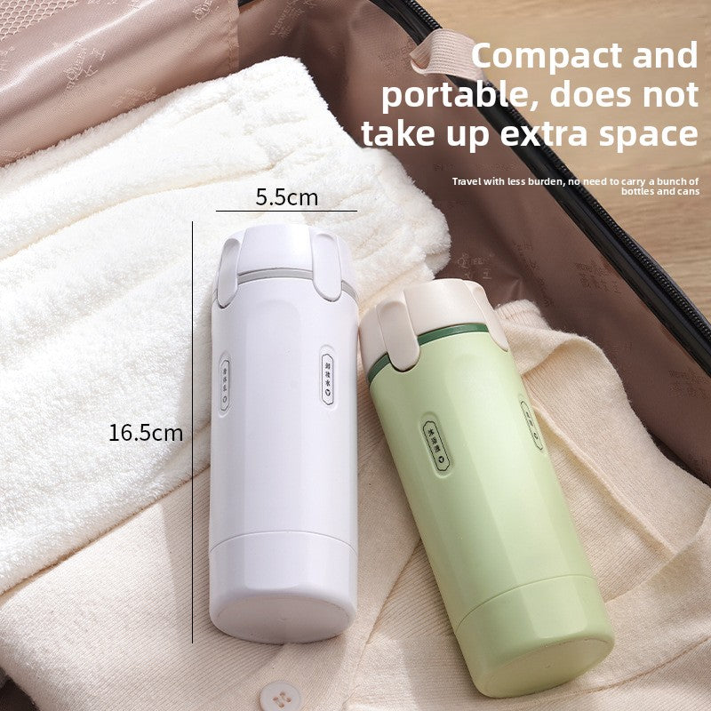 Portable container with a 4 in 1 dispenser for perfume, shampoo, conditioner, and lotion