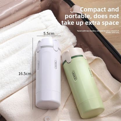 Portable container with a 4 in 1 dispenser for perfume, shampoo, conditioner, and lotion