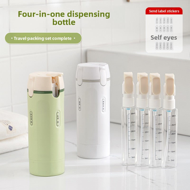 Portable container with a 4 in 1 dispenser for perfume, shampoo, conditioner, and lotion
