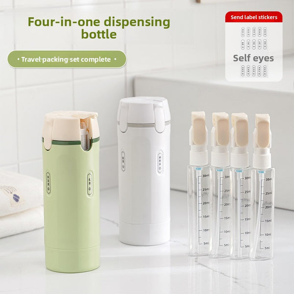 Portable container with a 4 in 1 dispenser for perfume, shampoo, conditioner, and lotion