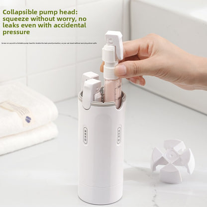 Portable container with a 4 in 1 dispenser for perfume, shampoo, conditioner, and lotion